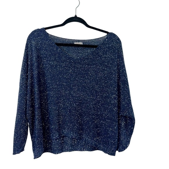 Suzy D London FLORENTINE V NECK SPARKLE BATWING KNIT Sweater Navy Sz LG - Picture 2 of 12